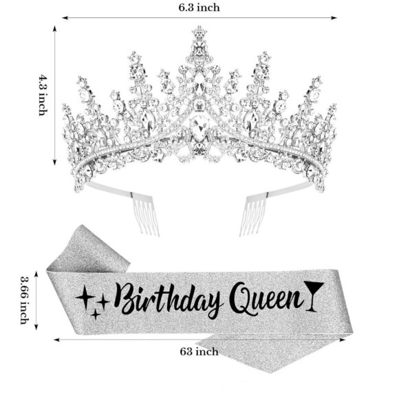 Silver Crystal Princess Crown and Glitzy Birthday Queen Sash Party Set main image 5